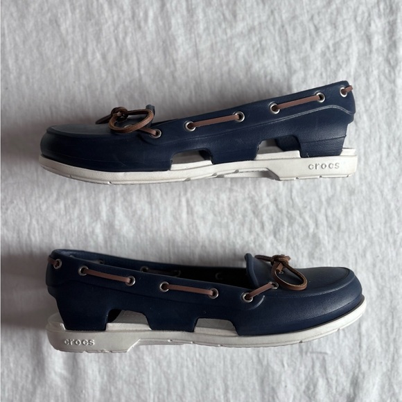 Women’s Crocs Beach Line Hybrid Boat Shoes Navy Blue &White Rubber Size 9W - Picture 5 of 12